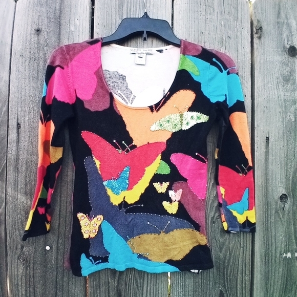 Alberto Makali Tops - VINTAGE ALBERTO MAKALI BUTTERFLY BEADED SZ S COLORED PATTERN TOP Y2K ROUND NECK